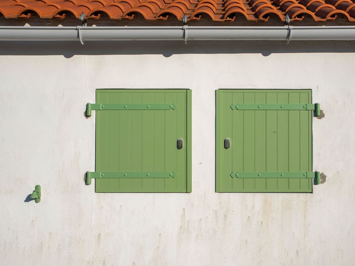 Façade enduite en blanc, volets verts et tuiles canal